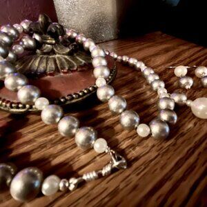 Reinvented Vintage Pearl and Steel Colored Beads Necklace Set